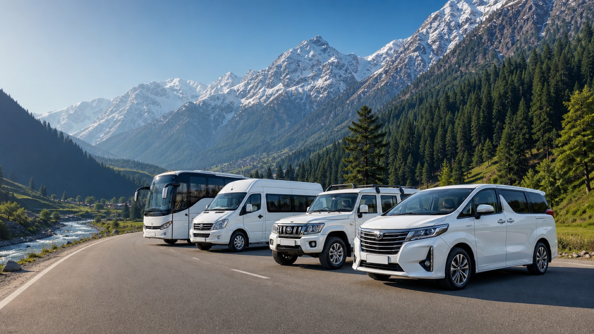 KTS-branded Kashmir transport fleet with MPV, sedan, Urbania, and Tempo Traveller categories